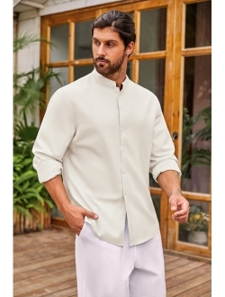 Coutgo Men's Banded Collar Shirt Long Sleeve Button Down Dress Shirts Casual Summer Beach Tops
