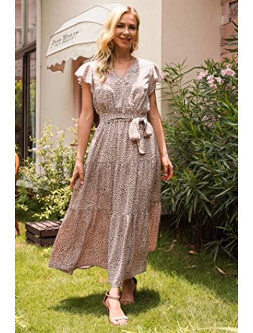 PRETTYGARDEN Women's Boho Floral Summer Dress Wrap V Neck Ruffle Short Sleeve A Line Belted Flowy Tiered Maxi Dress