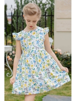 SMILING PINKER Little Girls Summer Dress Cotton Ruffle Sleeve Floral Printed Party Dress