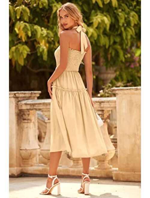 PRETTYGARDEN Women's 2023 Summer Maxi Dress Halter Neck Backless Ruffle Smocked Casual Long Flowy Boho Dresses