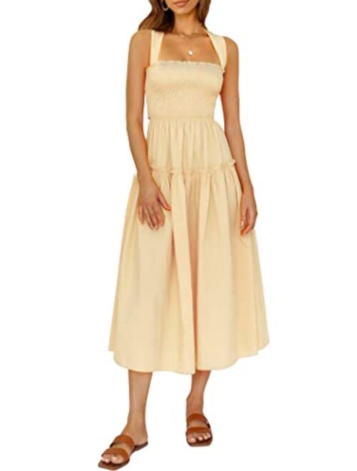 PRETTYGARDEN Women's 2023 Summer Maxi Dress Halter Neck Backless Ruffle Smocked Casual Long Flowy Boho Dresses