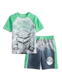 licensed character Boys 4-14 Star Wars The Mandalorian Grogu aka Baby Yoda Rashguard & Swim Trunks Set