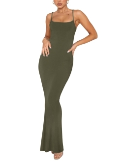 REORIA Women's Sexy Lounge Slip Long Dress Elegant Sleeveless Backless Ribbed Bodycon Maxi Dresses