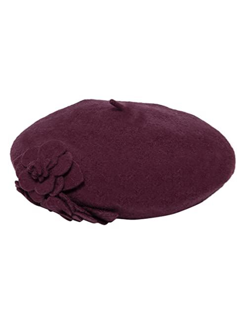 San Diego Hat Co. San Diego Hat Company Women's Wool Beret Hat with Self Flowers