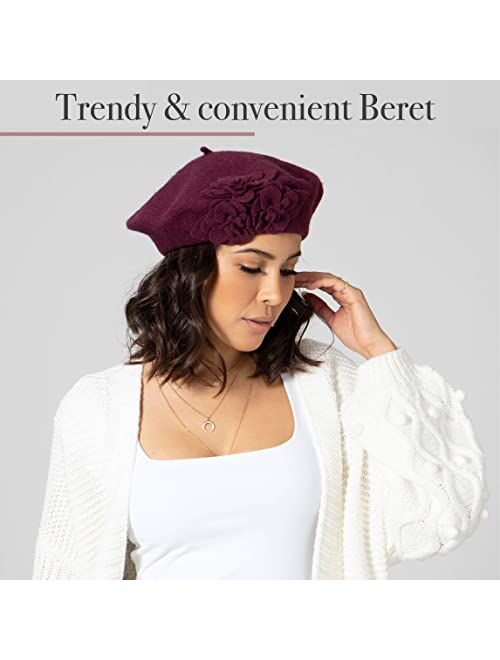 San Diego Hat Co. San Diego Hat Company Women's Wool Beret Hat with Self Flowers