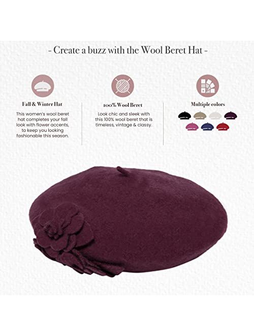 San Diego Hat Co. San Diego Hat Company Women's Wool Beret Hat with Self Flowers