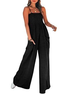 Summer Women Slip Ruching Smocked Jumpsuit Pants Square Neck Speghetti Straps Loose Waisted Maxi