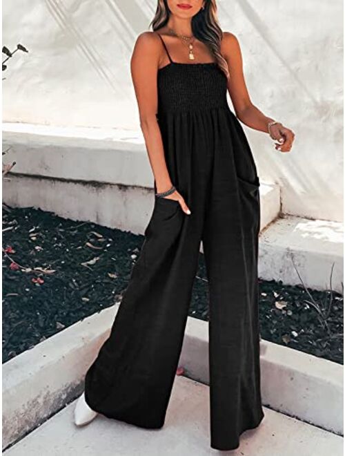 CUPSHE Summer Women Slip Ruching Smocked Jumpsuit Pants Square Neck Speghetti Straps Loose Waisted Maxi