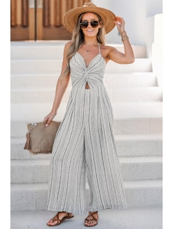 Women's Casual Halter Twist Front Summer Jumpsuit Backless Wide Leg Romper with Stripes