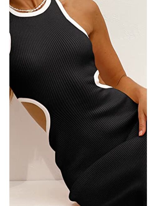 NauLon Womens Sexy Cut Out Waist Open Back Bodycon Dress Ankle Length Ribbed Party Club Midi Mini Dresses