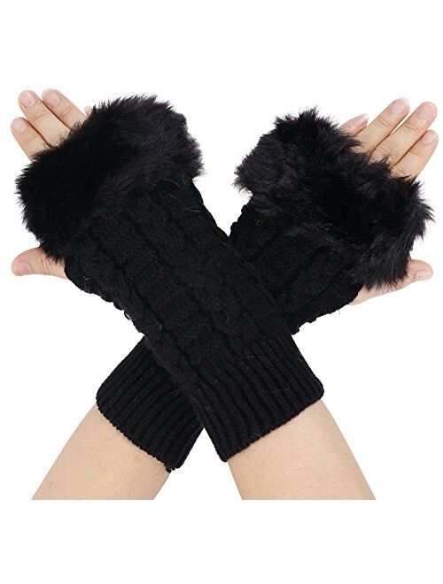 Verabella Women's Faux Fur Cable Knit Hand Warmers Fingerless Mittens Thumb Hole Gloves