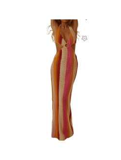 Yony Cles Bodycon Dresses for Women Summer Knit Hollow Out Sexy Night Out Midi Maxi Dress Sleeveless Long Cut Out Dress
