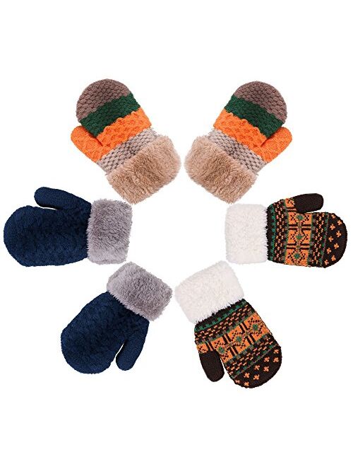 Verabella Boys Girls Sherpa Lined Fuzzy Cuff Winter Mittens Kids Knitted Gloves 3 Pairs