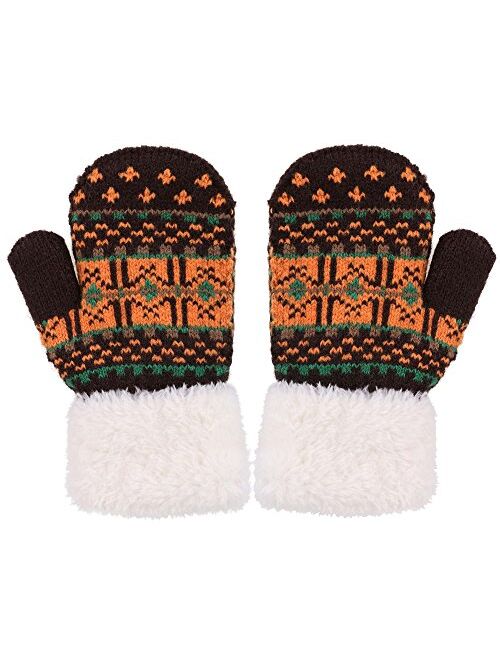 Verabella Boys Girls Sherpa Lined Fuzzy Cuff Winter Mittens Kids Knitted Gloves 3 Pairs