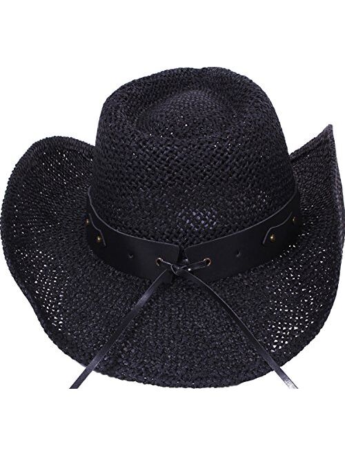 Verabella Men/Women's Classic Western Cowboy Straw Hat w/Leather Band