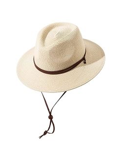 Lanzom Straw Hats for Women Lady Wide Brim Panama Fedora Cap Beach Hat with Wind Lanyard UPF 50+