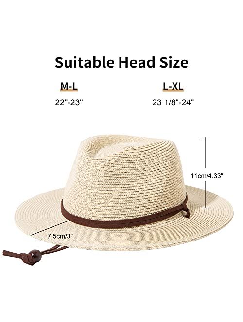 Lanzom Straw Hats for Women Lady Wide Brim Panama Fedora Cap Beach Hat with Wind Lanyard UPF 50+
