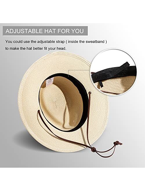 Lanzom Straw Hats for Women Lady Wide Brim Panama Fedora Cap Beach Hat with Wind Lanyard UPF 50+