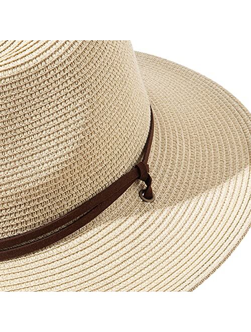 Lanzom Straw Hats for Women Lady Wide Brim Panama Fedora Cap Beach Hat with Wind Lanyard UPF 50+