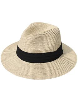 Lanzom Women Wide Brim Straw Panama Roll up Hat Fedora Beach Sun Hat UPF50+