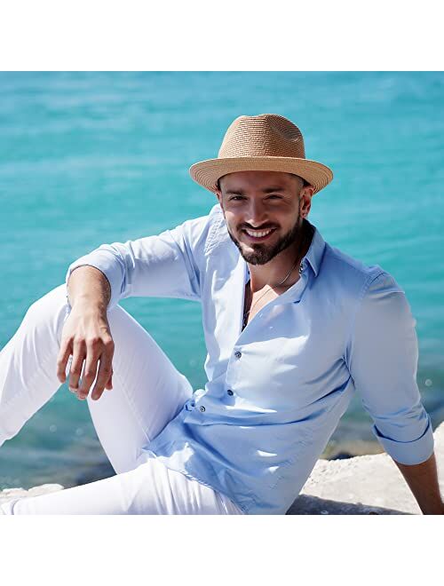 Lanzom Men Women Straw Foldable Roll up Hat Fine Braid Fedora Summer Beach Sun Hat