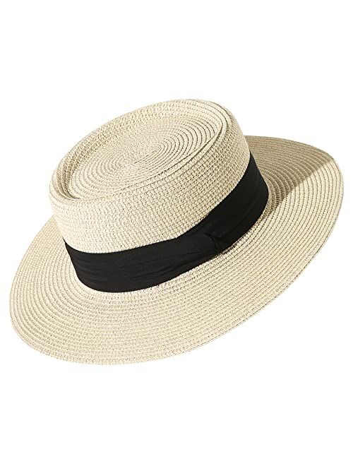 Lanzom UPF50+ Women Wide Brim Straw Panama Sun Hat Boater Summer Beach Sun Hat