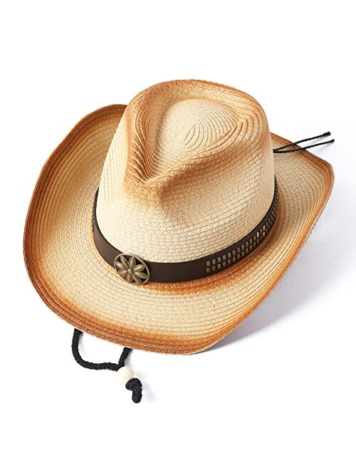 Lanzom Womens Mens Straw Beach Sun Hat Classic Shapeable Sun Hat Packable Hat Summer Cowboy Hat UPF 50+