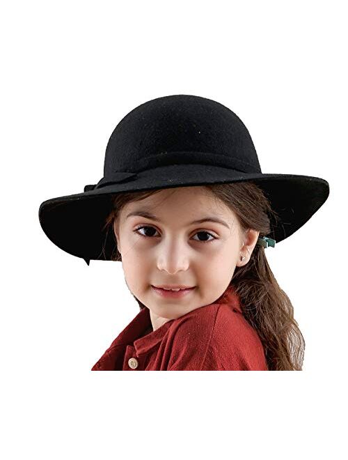 Lanzom Kids Girls Vintage Wide Brim Wool Felt Bowler Cap Bowknot Floppy Fedora Hat