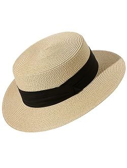 Lanzom Sun Hats for Women Wide Brim Straw Boater Hat Foldable Packable Beach Hat for Summer