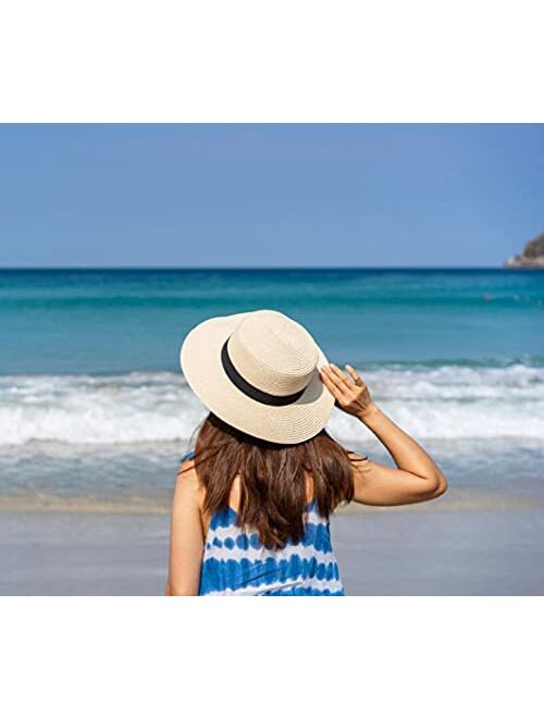 Lanzom Sun Hats for Women Wide Brim Straw Boater Hat Foldable Packable Beach Hat for Summer