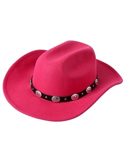 Lanzom Women Men Western Cowboy Cowgirl Hat Fedora Outdoor Felt Wide Brim Hat with Belt Buckle