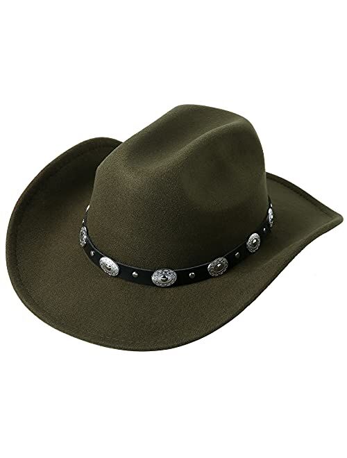 Lanzom Women Men Western Cowboy Cowgirl Hat Fedora Outdoor Felt Wide Brim Hat with Belt Buckle