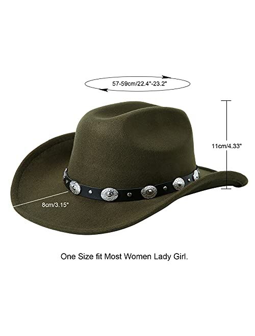 Lanzom Women Men Western Cowboy Cowgirl Hat Fedora Outdoor Felt Wide Brim Hat with Belt Buckle