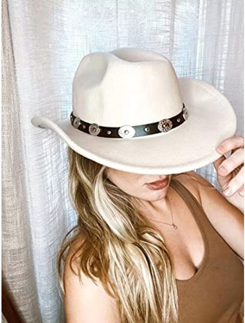 Lanzom Women Men Western Cowboy Cowgirl Hat Fedora Outdoor Felt Wide Brim Hat with Belt Buckle