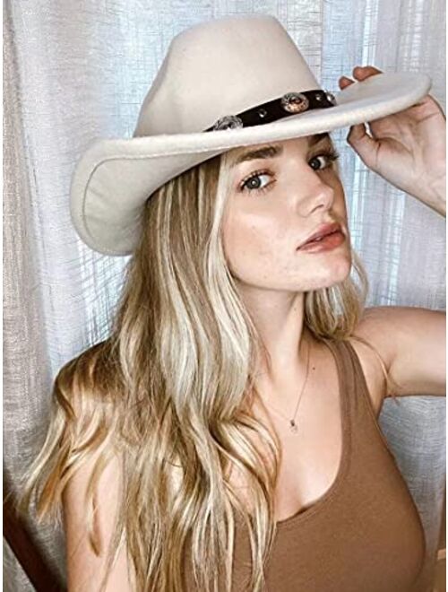 Lanzom Women Men Western Cowboy Cowgirl Hat Fedora Outdoor Felt Wide Brim Hat with Belt Buckle