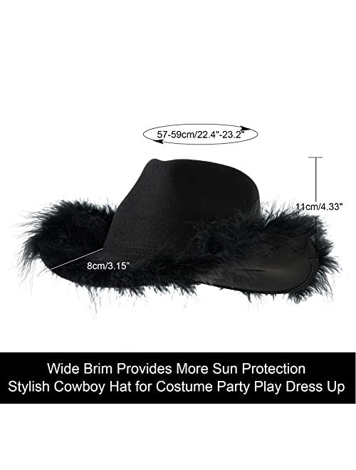 Lanzom Women Men Cowgirl Hat with Feather Wide Brim Felt Cowboy Hat for Halloween, Bachelorette Party Hat Accessories