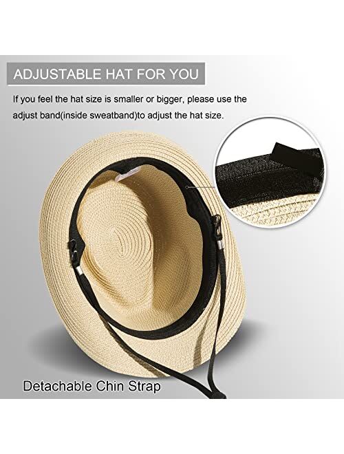 Lanzom Women Men Short Brim Straw Hat Panama Fedora Hat Summer Beach Sun Trilby Hat Packable Roll Up Hat