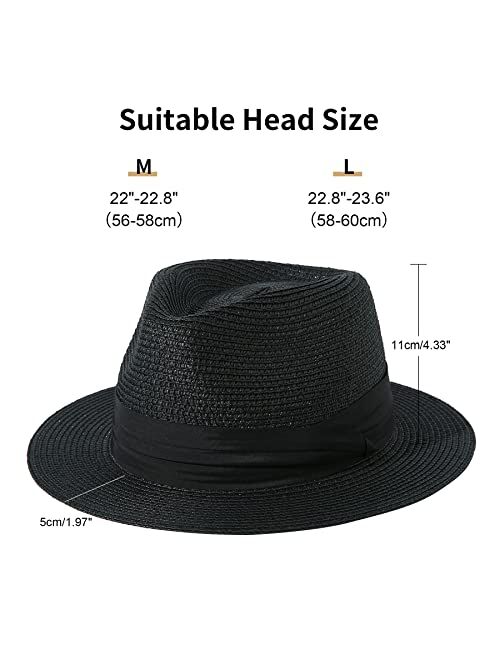 Lanzom Men Women Straw Sun Hat Short Brim Panama Fedora Beach Sun Hat Vacation Packable Roll Up Summer Hat