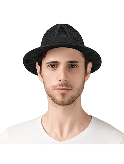 Lanzom Men Women Straw Sun Hat Short Brim Panama Fedora Beach Sun Hat Vacation Packable Roll Up Summer Hat
