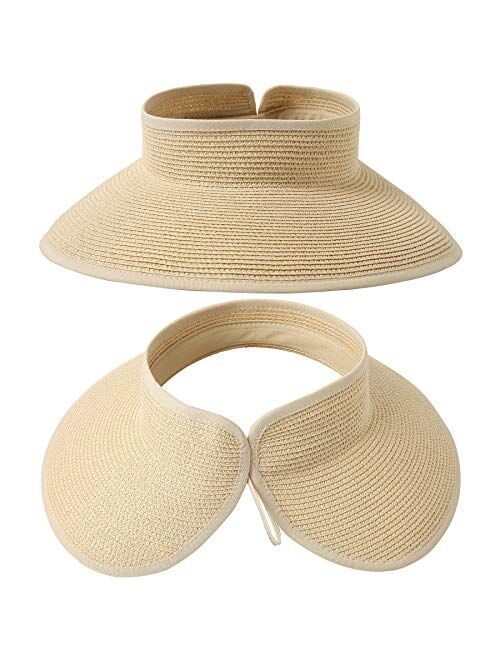 Lanzom Women Packable Hat Sun Visor Hats Wide Brim Straw Roll Up Ponytail Summer Beach Hat UPF 50