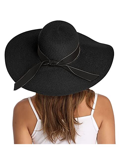 Lanzom Womens Wide Brim Straw Hat Floppy Foldable Roll up Cap Beach Sun Hat UPF 50+(Style E Bowknot-Black)