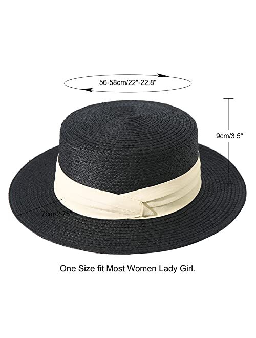 Lanzom Women Men Wide Brim Raffia Straw Boater Hat Fedora Summer Beach Sun Hat Straw Hat for Women