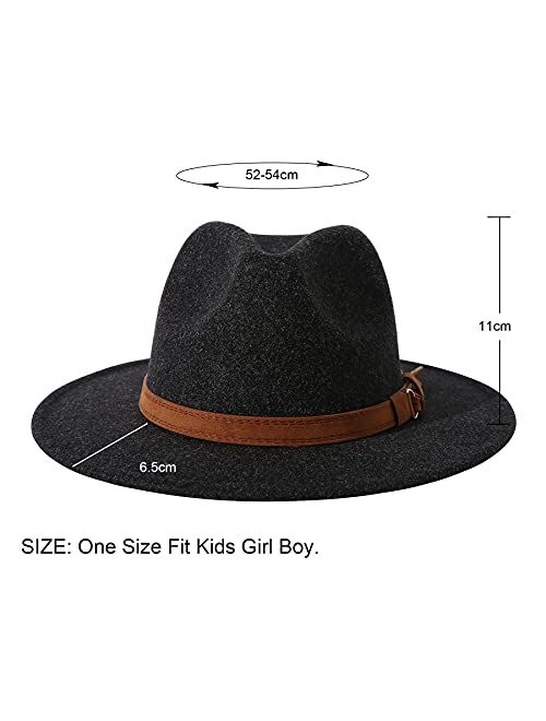 Lanzom Kids Girls Vintage Belt Buckle Wool Wide Brim Fedora Hat