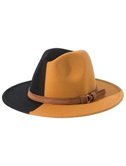 Lanzom Women Men Two Tone Wide Brim Fedora Hats Classic Felt Panama Hat with Belt Buckle