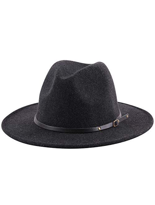 Lanzom Women Lady Classic Wool Fedora Hat with Belt Buckle Felt Wide Brim Panama Hat (Style B-Black, One Size)