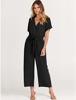 Women's Short Sleeve V Neck Buttons Waist Belt Straight Wide Leg Cropped Jumpsuits Rompers with Pockets