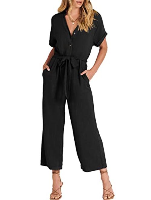 ANRABESS Women's Short Sleeve V Neck Buttons Waist Belt Straight Wide Leg Cropped Jumpsuits Rompers with Pockets