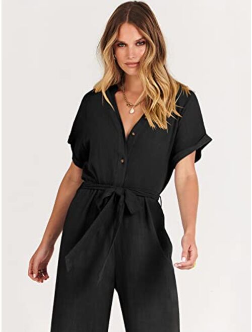ANRABESS Women's Short Sleeve V Neck Buttons Waist Belt Straight Wide Leg Cropped Jumpsuits Rompers with Pockets