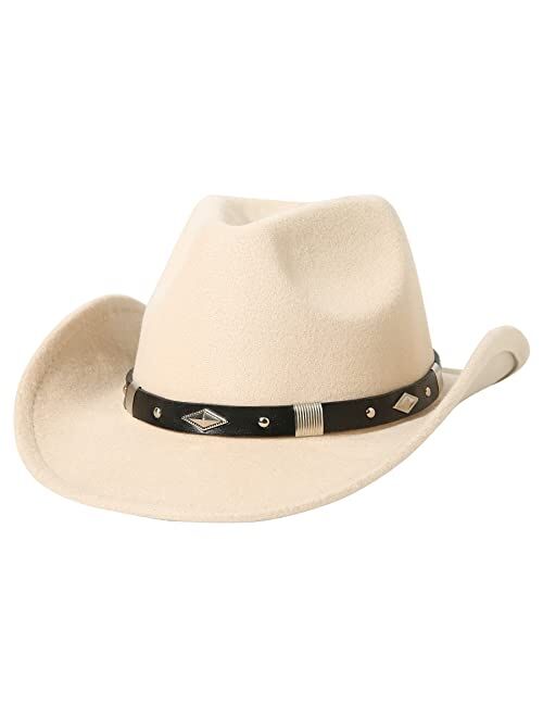 Lanzom Classic Felt Wide Brim Women Men Western Cowboy Hat Cowgirl Hats with Buckle Belt