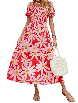 Women's 2023 Summer Boho Floral Print Square Neck Ruffle Swing Beach Long Maxi Dress